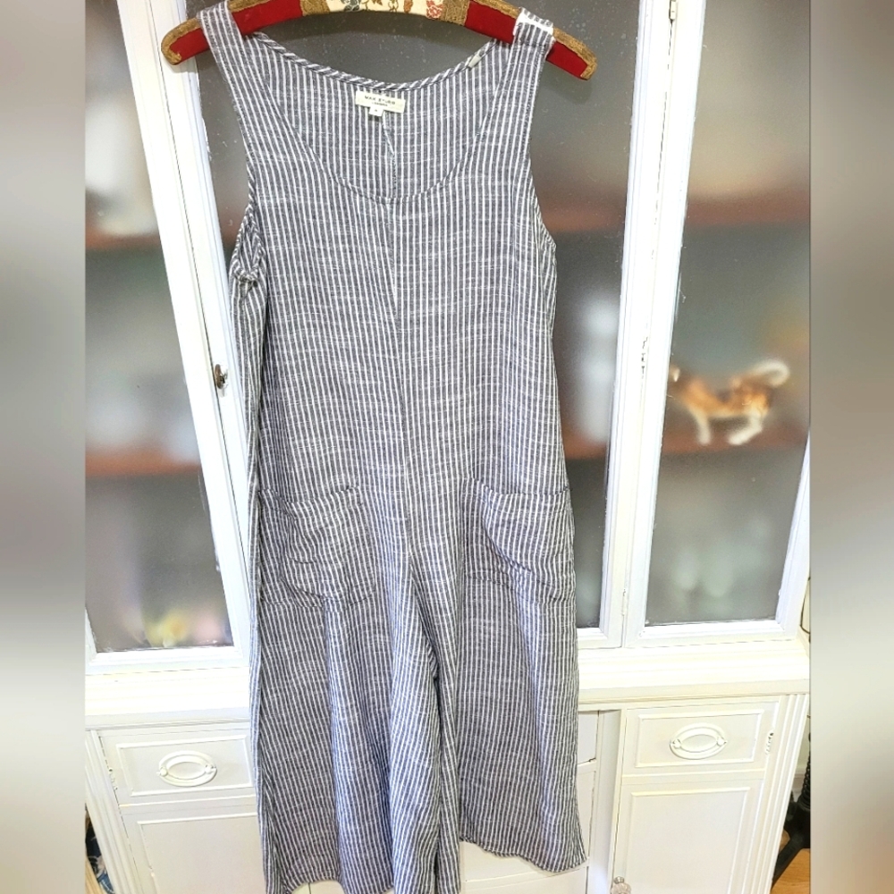 Max Studio Striped Sleeveless Pin Stripe Jumpsuit Rumper Cotton Linen Blend Sm - Picture 3 of 14